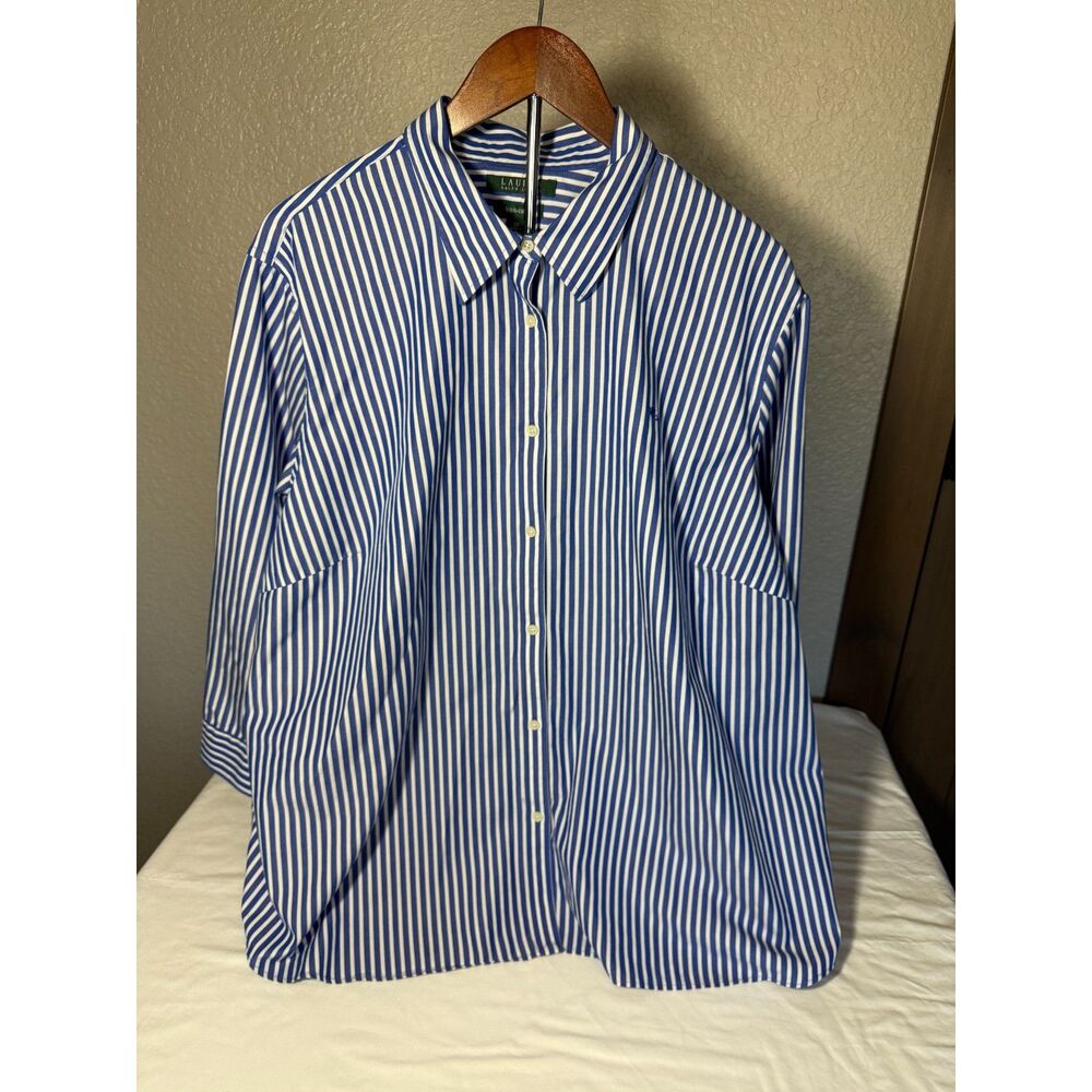 Lauren by Ralph Lauren Blue?White striped button down Blouse SZ 3X 3/4 sleeve